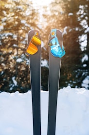 Two pairs of dark skis are standing upright in the snow. Each ski has a pair of colorful ski goggles attached, one in orange and the other in blue, reflecting the bright sunshine. In the background, there are snow-covered trees, with sunlight filtering through, creating a warm glow.