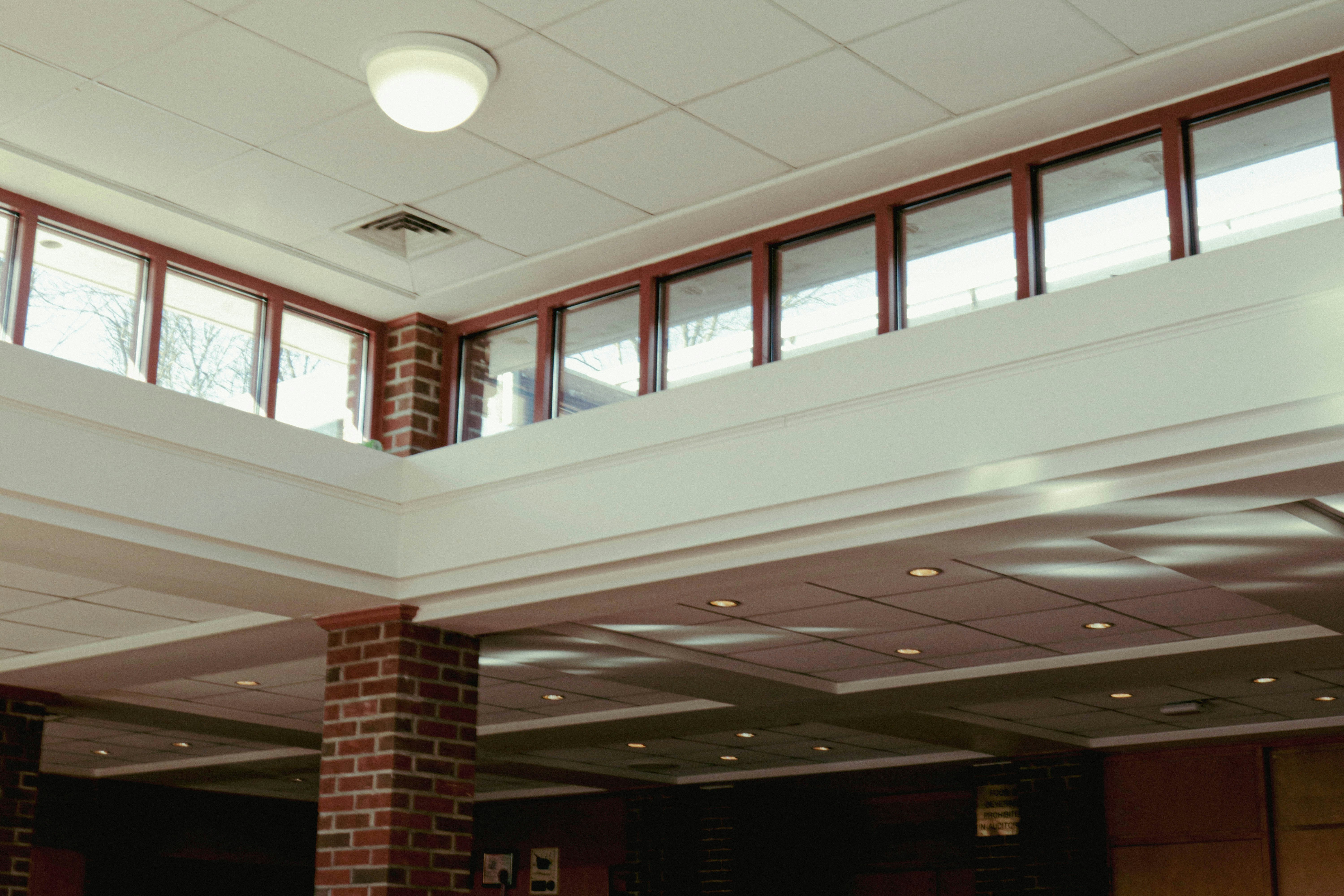 a large room with a clock on the wall