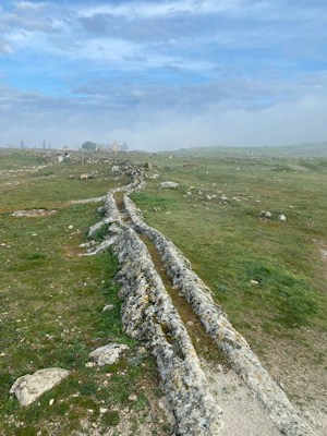 An ancient road or pathway is carved into stone, stretching across a vast landscape of open grassland. The ground is dotted with rocks, and the sky above is filled with a mix of clouds and blue sky, creating a serene and expansive atmosphere.