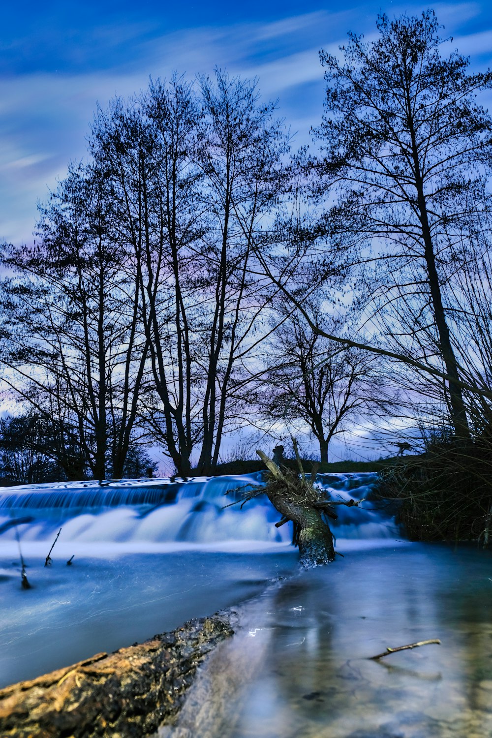 a river running through a forest covered in snow