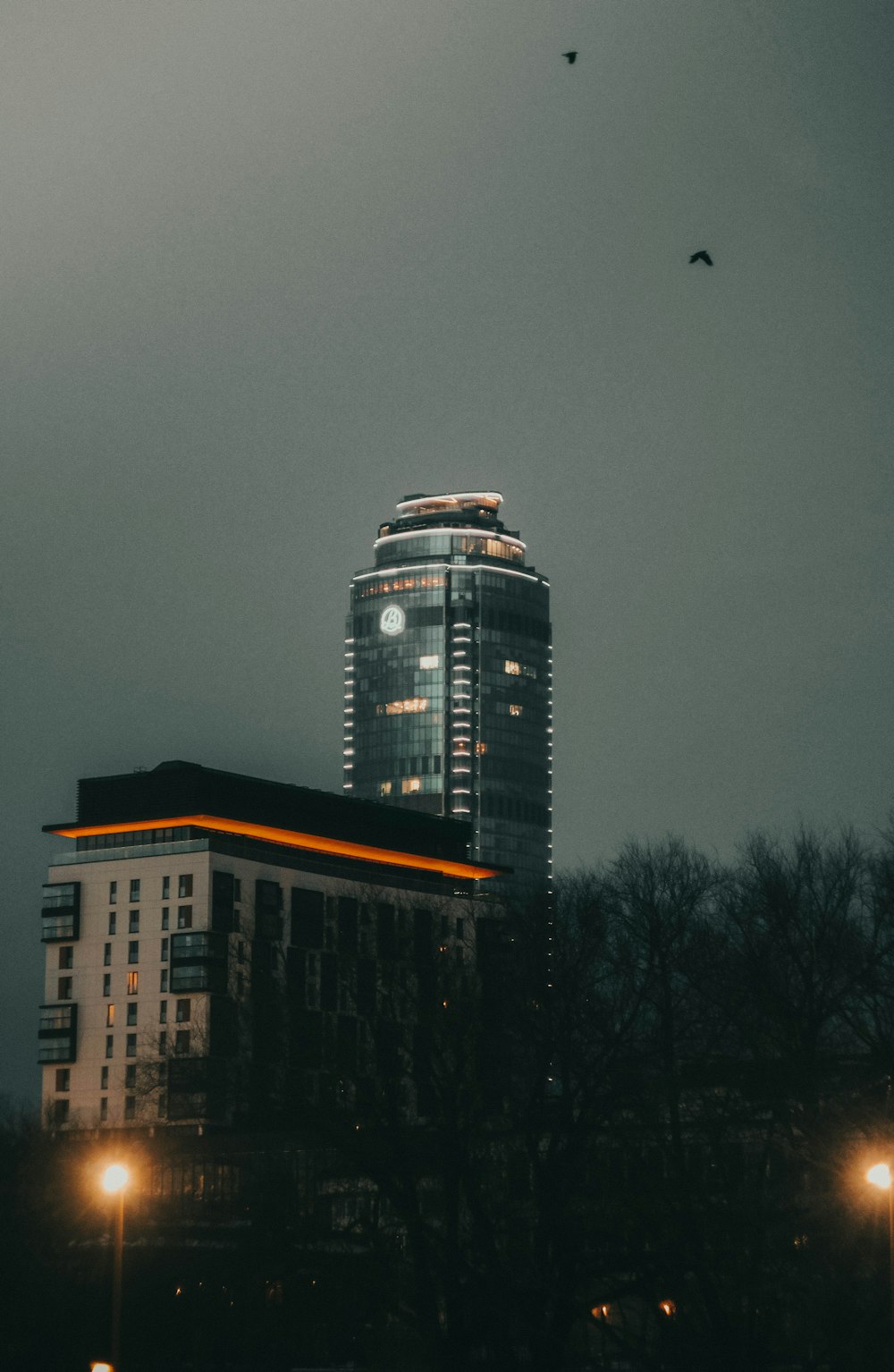 a tall building sitting next to a street light