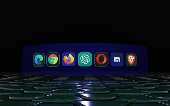 A row of browser and application icons is displayed against a dark background with a futuristic, illuminated floor. Each icon is distinct and represents a different software or web browser.