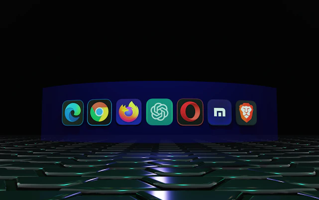 A sleek, modern digital dashboard displaying four distinct platform icons with brief descriptions beneath each, set against a stylish dark background.