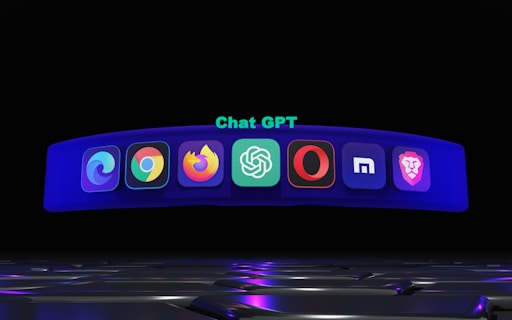A virtual environment featuring logos of various web browsers and the Chat GPT logo displayed in a curved, glowing blue banner. The backdrop is dark, emphasizing the vibrant and colorful icons which include Microsoft Edge, Google Chrome, Mozilla Firefox, Opera, Maxthon, and Brave.