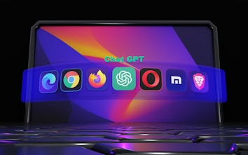 A futuristic digital display featuring various popular web browser icons. The icons are arranged in a semi-circle on a vibrant, abstract background with a keyboard surface below them. The text 'Chat GPT' is displayed above the icons.