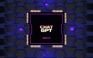 A digital rendering of an electronic circuit board, with a central black chip featuring the text 'CHAT GPT' and 'Open AI' in gradient colors. The background consists of a pattern of interconnected triangular plates, illuminated with a blue and purple glow, adding a futuristic feel.
