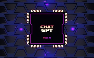 A digital rendering of an electronic circuit board, with a central black chip featuring the text 'CHAT GPT' and 'Open AI' in gradient colors. The background consists of a pattern of interconnected triangular plates, illuminated with a blue and purple glow, adding a futuristic feel.