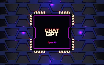 A digital rendering of an electronic circuit board, with a central black chip featuring the text 'CHAT GPT' and 'Open AI' in gradient colors. The background consists of a pattern of interconnected triangular plates, illuminated with a blue and purple glow, adding a futuristic feel.