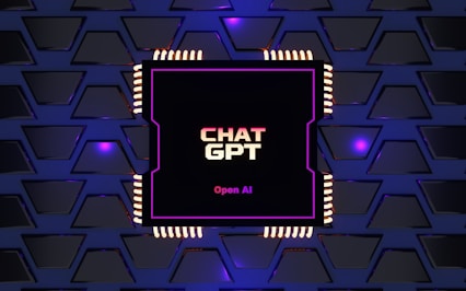 A digital rendering of an electronic circuit board, with a central black chip featuring the text 'CHAT GPT' and 'Open AI' in gradient colors. The background consists of a pattern of interconnected triangular plates, illuminated with a blue and purple glow, adding a futuristic feel.