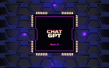 A digital rendering of an electronic circuit board, with a central black chip featuring the text 'CHAT GPT' and 'Open AI' in gradient colors. The background consists of a pattern of interconnected triangular plates, illuminated with a blue and purple glow, adding a futuristic feel.