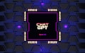 A digital rendering of an electronic circuit board, with a central black chip featuring the text 'CHAT GPT' and 'Open AI' in gradient colors. The background consists of a pattern of interconnected triangular plates, illuminated with a blue and purple glow, adding a futuristic feel.
