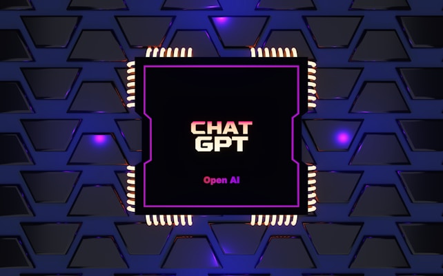 A digital rendering of an electronic circuit board, with a central black chip featuring the text 'CHAT GPT' and 'Open AI' in gradient colors. The background consists of a pattern of interconnected triangular plates, illuminated with a blue and purple glow, adding a futuristic feel.