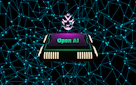 A futuristic and digital-themed image features a stylized circuit board with the words 'Open AI' in bold, glowing letters. Above it is a design that resembles an AI or robot face with neon accents. The background consists of a network of interconnected blue lines and nodes, suggesting themes of technology and connectivity.