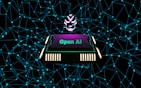 A futuristic and digital-themed image features a stylized circuit board with the words 'Open AI' in bold, glowing letters. Above it is a design that resembles an AI or robot face with neon accents. The background consists of a network of interconnected blue lines and nodes, suggesting themes of technology and connectivity.