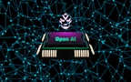 A futuristic and digital-themed image features a stylized circuit board with the words 'Open AI' in bold, glowing letters. Above it is a design that resembles an AI or robot face with neon accents. The background consists of a network of interconnected blue lines and nodes, suggesting themes of technology and connectivity.
