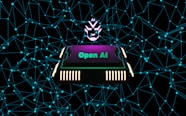 A futuristic and digital-themed image features a stylized circuit board with the words 'Open AI' in bold, glowing letters. Above it is a design that resembles an AI or robot face with neon accents. The background consists of a network of interconnected blue lines and nodes, suggesting themes of technology and connectivity.