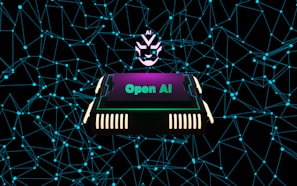 A futuristic and digital-themed image features a stylized circuit board with the words 'Open AI' in bold, glowing letters. Above it is a design that resembles an AI or robot face with neon accents. The background consists of a network of interconnected blue lines and nodes, suggesting themes of technology and connectivity.