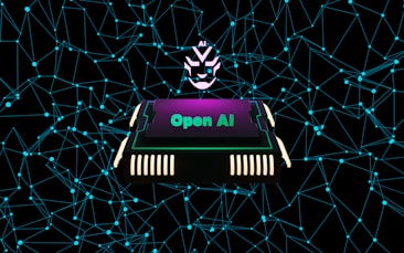 A futuristic and digital-themed image features a stylized circuit board with the words 'Open AI' in bold, glowing letters. Above it is a design that resembles an AI or robot face with neon accents. The background consists of a network of interconnected blue lines and nodes, suggesting themes of technology and connectivity.