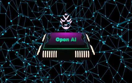 A futuristic and digital-themed image features a stylized circuit board with the words 'Open AI' in bold, glowing letters. Above it is a design that resembles an AI or robot face with neon accents. The background consists of a network of interconnected blue lines and nodes, suggesting themes of technology and connectivity.