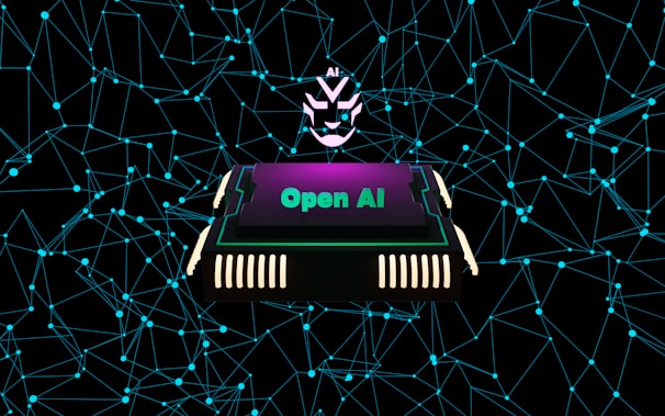 A futuristic and digital-themed image features a stylized circuit board with the words 'Open AI' in bold, glowing letters. Above it is a design that resembles an AI or robot face with neon accents. The background consists of a network of interconnected blue lines and nodes, suggesting themes of technology and connectivity.