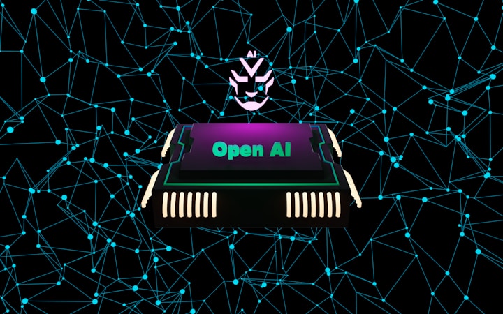 A futuristic and digital-themed image features a stylized circuit board with the words 'Open AI' in bold, glowing letters. Above it is a design that resembles an AI or robot face with neon accents. The background consists of a network of interconnected blue lines and nodes, suggesting themes of technology and connectivity.