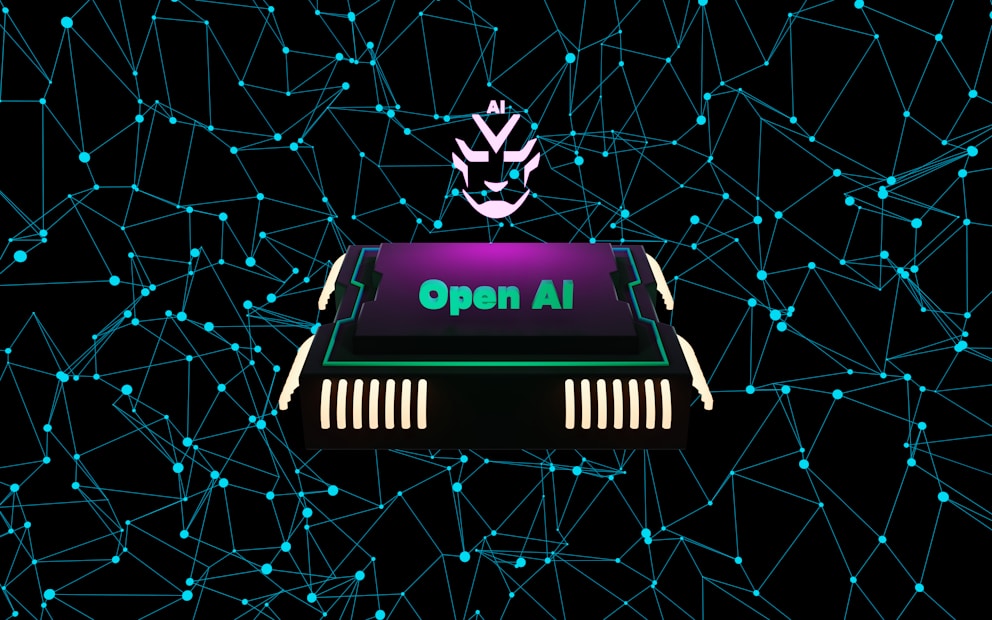 A futuristic and digital-themed image features a stylized circuit board with the words 'Open AI' in bold, glowing letters. Above it is a design that resembles an AI or robot face with neon accents. The background consists of a network of interconnected blue lines and nodes, suggesting themes of technology and connectivity.