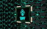 A stylized representation of a computer chip is integrated into a black and teal geometric background. The chip features a minimalist, futuristic face design along with the text 'CHAT GPT' in bold, glowing teal. The background consists of repeating black shapes outlined in teal, creating a high-tech, digital atmosphere.