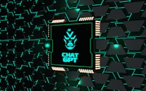 A stylized representation of a computer chip is integrated into a black and teal geometric background. The chip features a minimalist, futuristic face design along with the text 'CHAT GPT' in bold, glowing teal. The background consists of repeating black shapes outlined in teal, creating a high-tech, digital atmosphere.