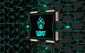 A stylized representation of a computer chip is integrated into a black and teal geometric background. The chip features a minimalist, futuristic face design along with the text 'CHAT GPT' in bold, glowing teal. The background consists of repeating black shapes outlined in teal, creating a high-tech, digital atmosphere.