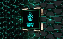 A stylized representation of a computer chip is integrated into a black and teal geometric background. The chip features a minimalist, futuristic face design along with the text 'CHAT GPT' in bold, glowing teal. The background consists of repeating black shapes outlined in teal, creating a high-tech, digital atmosphere.