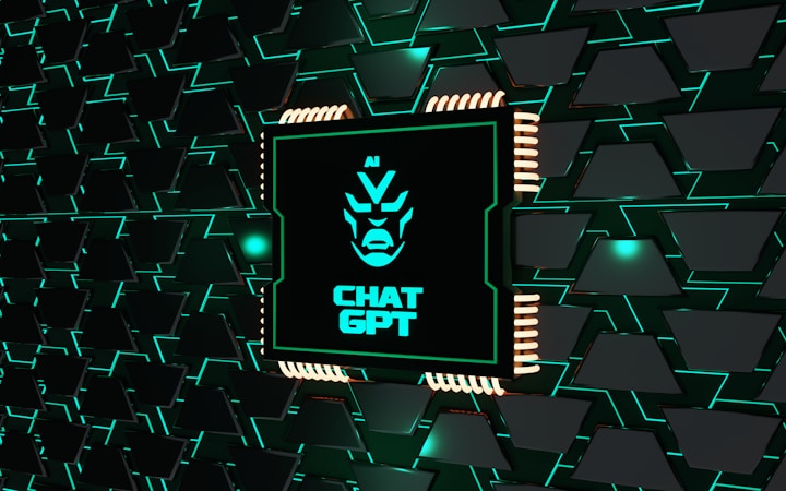 A stylized representation of a computer chip is integrated into a black and teal geometric background. The chip features a minimalist, futuristic face design along with the text 'CHAT GPT' in bold, glowing teal. The background consists of repeating black shapes outlined in teal, creating a high-tech, digital atmosphere.