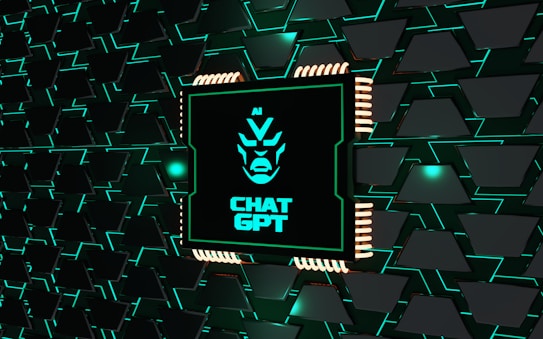 A stylized representation of a computer chip is integrated into a black and teal geometric background. The chip features a minimalist, futuristic face design along with the text 'CHAT GPT' in bold, glowing teal. The background consists of repeating black shapes outlined in teal, creating a high-tech, digital atmosphere.