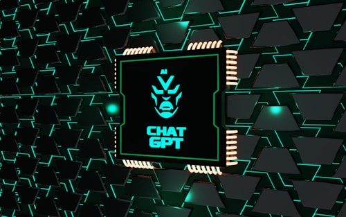 A stylized representation of a computer chip is integrated into a black and teal geometric background. The chip features a minimalist, futuristic face design along with the text 'CHAT GPT' in bold, glowing teal. The background consists of repeating black shapes outlined in teal, creating a high-tech, digital atmosphere.