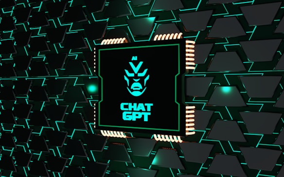 A stylized representation of a computer chip is integrated into a black and teal geometric background. The chip features a minimalist, futuristic face design along with the text 'CHAT GPT' in bold, glowing teal. The background consists of repeating black shapes outlined in teal, creating a high-tech, digital atmosphere.