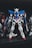 A detailed model of a Gundam robot, featuring a complex design with prominent colors of blue, white, and red. It is positioned upright with intricate mechanical features, standing on a dark surface with a blurred background.
