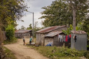 A rural scene with several small, rustic wooden houses with metal roofs. Clothes are hanging out to dry on a line strung between the structures. Two children are visible on a dirt path that runs alongside the houses. Lush greenery surrounds the area, with trees and plants providing a backdrop.
