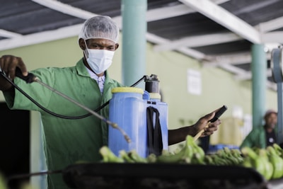A person in a green uniform and hairnet is wearing a face mask while operating a sprayer. They appear to be working in a facility with green walls and are spraying a row of bananas.