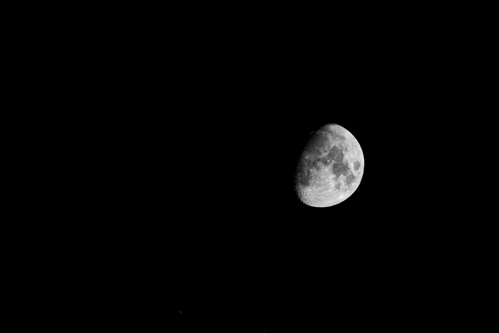 a half moon is seen in the dark sky