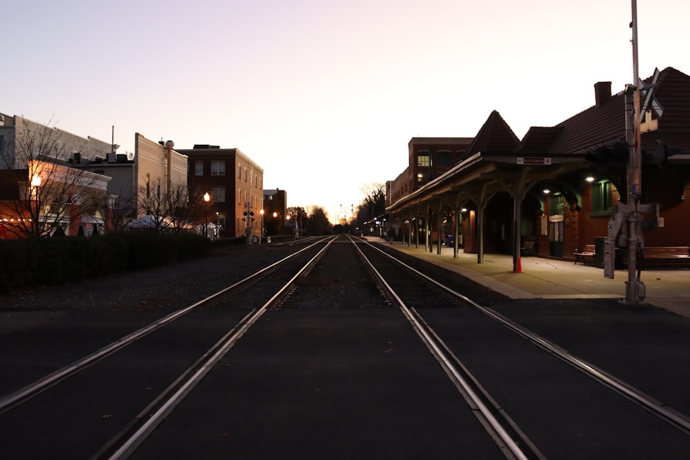 a train track running through a small town