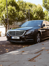 A sleek black luxury sedan is parked on a city street with green leafy trees in the background. The car is angled slightly away from the curb, and dry leaves are scattered on the ground around it. The vehicle features a distinctive front grille and has a European license plate.