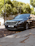 A sleek black luxury sedan is parked on a city street with green leafy trees in the background. The car is angled slightly away from the curb, and dry leaves are scattered on the ground around it. The vehicle features a distinctive front grille and has a European license plate.