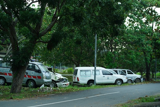 Several parked vehicles, including an ambulance, are lined up on the side of a road surrounded by lush greenery and trees. The vehicles appear to be stationary with some signs of wear.