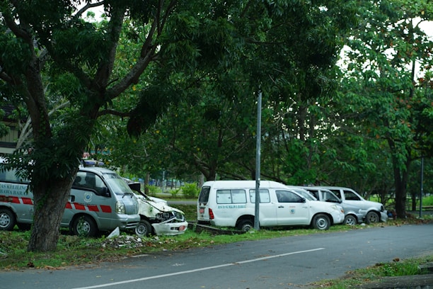 Several parked vehicles, including an ambulance, are lined up on the side of a road surrounded by lush greenery and trees. The vehicles appear to be stationary with some signs of wear.