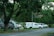Several parked vehicles, including an ambulance, are lined up on the side of a road surrounded by lush greenery and trees. The vehicles appear to be stationary with some signs of wear.