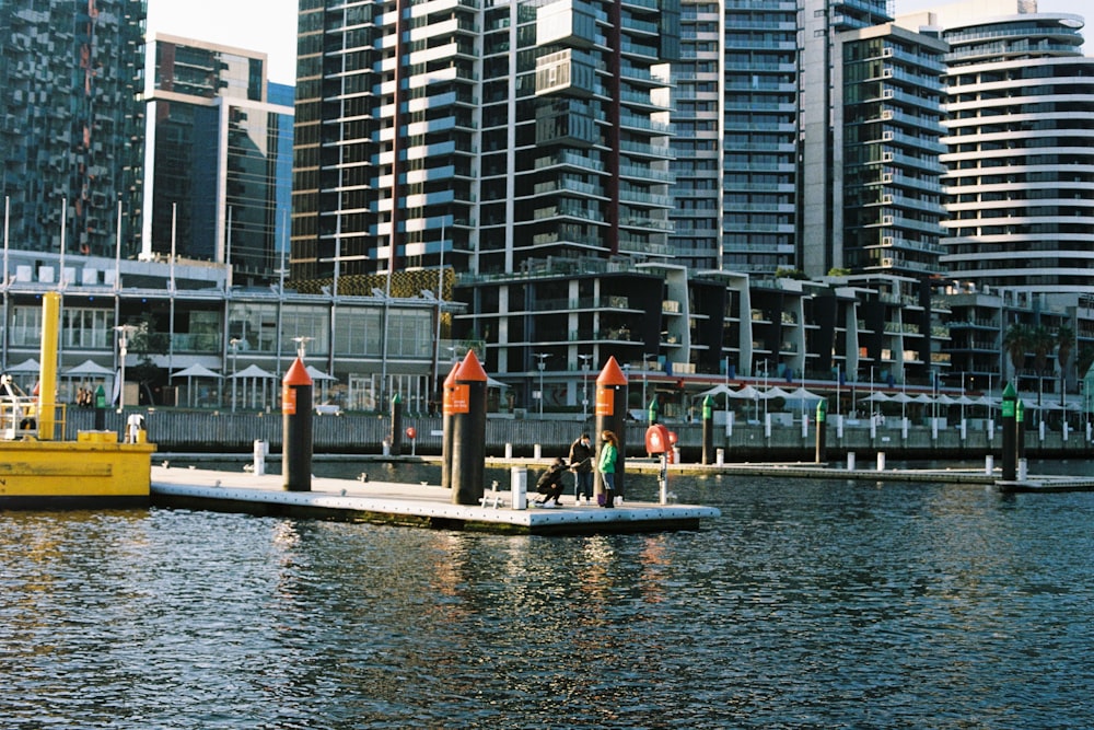 a group of people standing on a dock next to a body of water