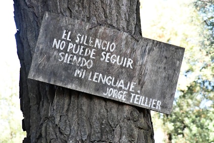 A wooden sign with white Spanish text is attached to the trunk of a tree. The text reads 'EL SILENCIO NO PUEDE SEGUIR SIENDO MI LENGUAJE - JORGE TEILLIER.' The sign appears weathered and the tree trunk is textured with rough bark. The background features out-of-focus foliage.