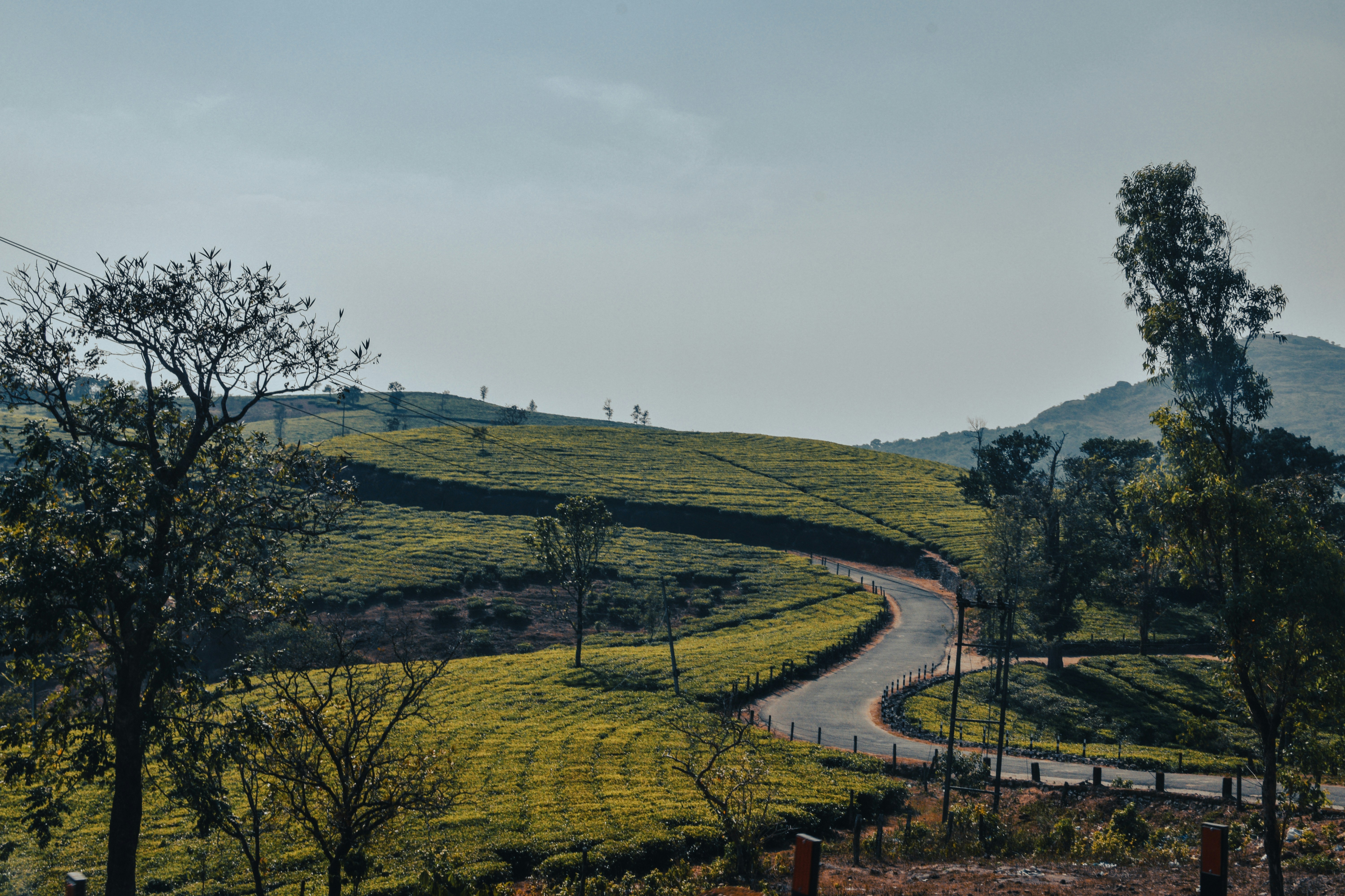 a winding road in the middle of a lush green hillside, 
