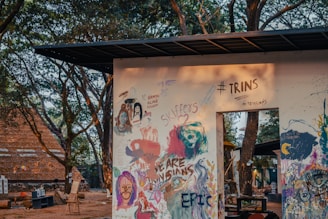 A wall adorned with colorful graffiti and murals, featuring various artistic expressions including faces, abstract patterns, and writings. The surrounding environment includes trees and rustic outdoor elements.