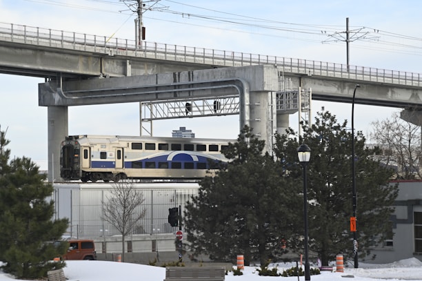 A commuter train travels on a track elevated above the snowy landscape. The foreground features snow-covered ground with trees and a street lamp. Overhead, concrete structures of another elevated track or bridge are visible. An orange vehicle and traffic cones are partially obscured by the trees.