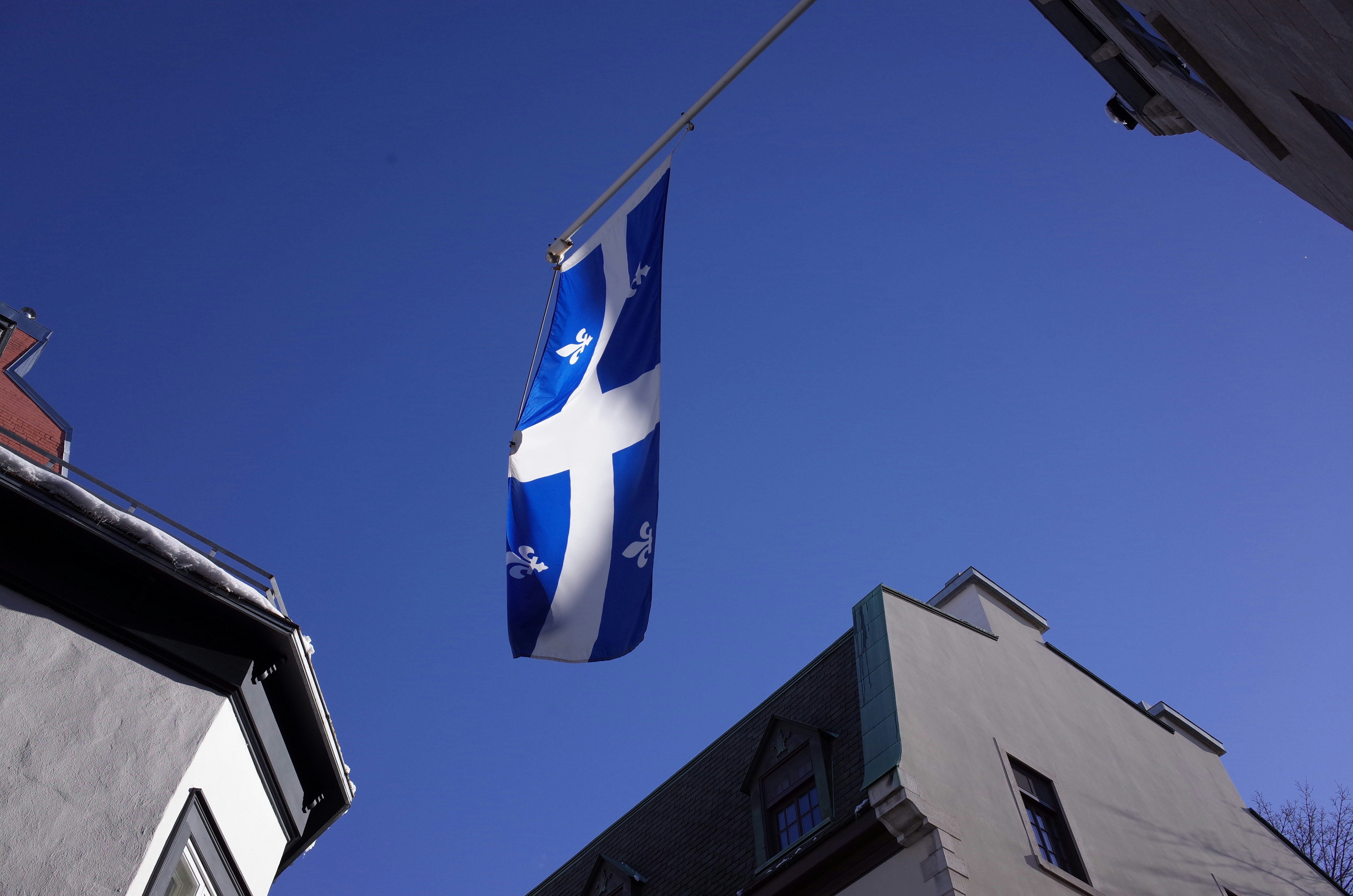 a blue and white flag hanging from a pole